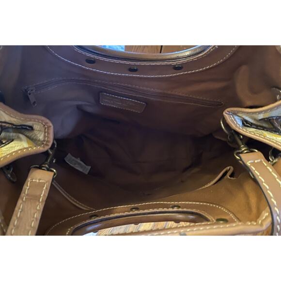 Fossil Patchwork Purse Canvas Rattan Wood Handle Detachable Leather Strap Pocket - Picture 5 of 11